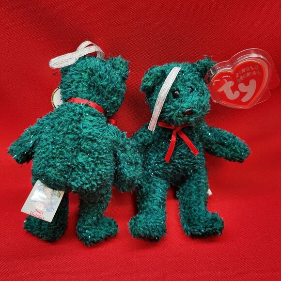 Holiday Green Teddy Ty Jingle Beanies Set of 2 Plush Christmas Ornaments 2004 - Picture 12 of 12